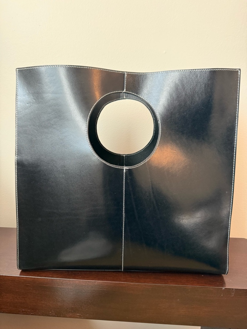 & Other Stories Black Leather Square Tote with Circular Handles